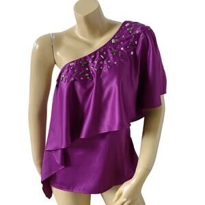 RAMPAGE Womens Size Medium Purple Beaded Dolman Sleeve One Shoulder Tunic Shirt